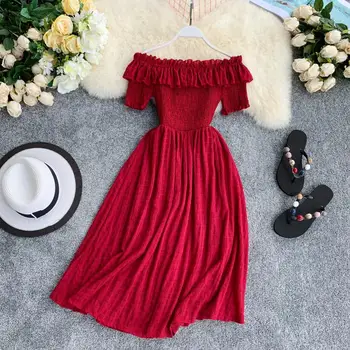

New Women Summer Dresses Plaid Slash Neck Off Shouder Solid Vestidos 2020 Ruffles A-line High Waist Dress Robe Feminino Vestido