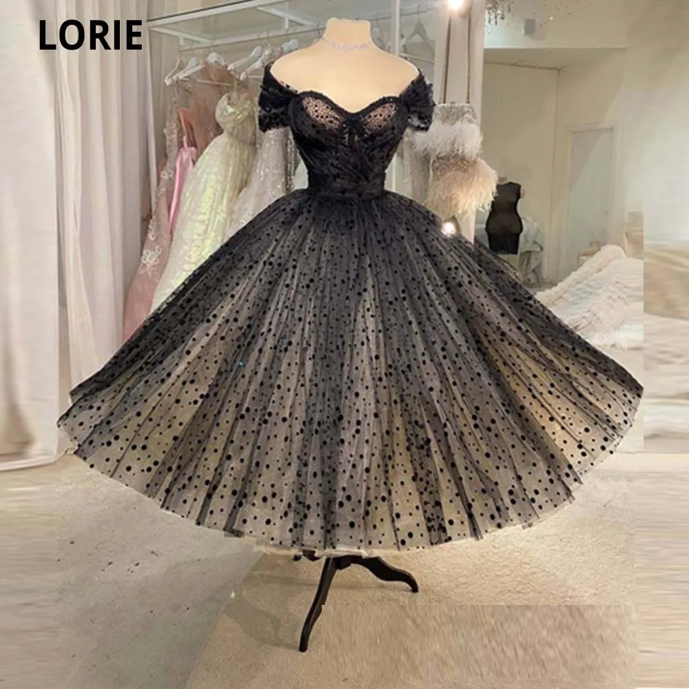 

LORIE 2021 винтажные черные тюлевые короткие платья в горошек для выпускного вечера с рукавами-крылышками и бусинами Пышная юбка вечерние платья до щиколотки