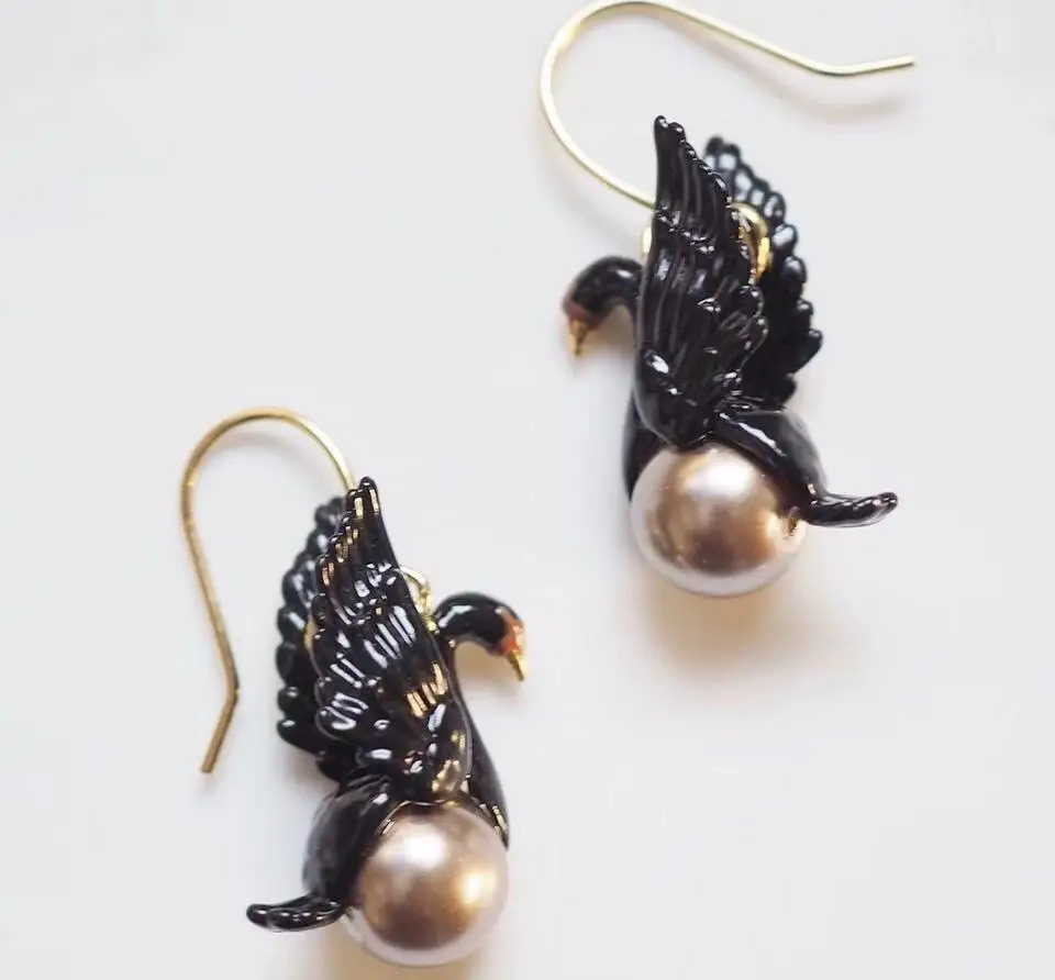 Роскошные Дизайнерские эмалированные глазурь Черный лебедь женские серьги-гвоздики ожерелье ювелирные изделия Вечерние