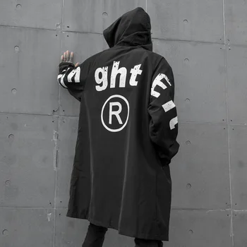 

Men Hooded Trench Coat Male Streetwear Hip Hop Gothic Autumn Winter Loose Casual Print Long Windberaker Overcoat Jacket