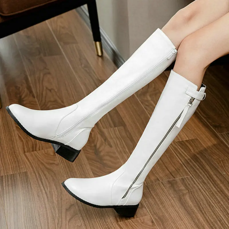 

Women's Black White Knee High Boots Fashion Square Root Zipper Ladies Knight Boots Women Winter Warm Boots Large Size 34-43