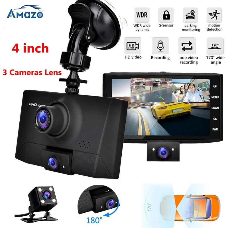 Baratos Lente Dual Dvr 3 en 1 Car DVR 3 cámaras 4 pulgadas HD pantalla Dashcam 1080P Video Recorder Auto registrador aparcamiento Monitor retrovisor