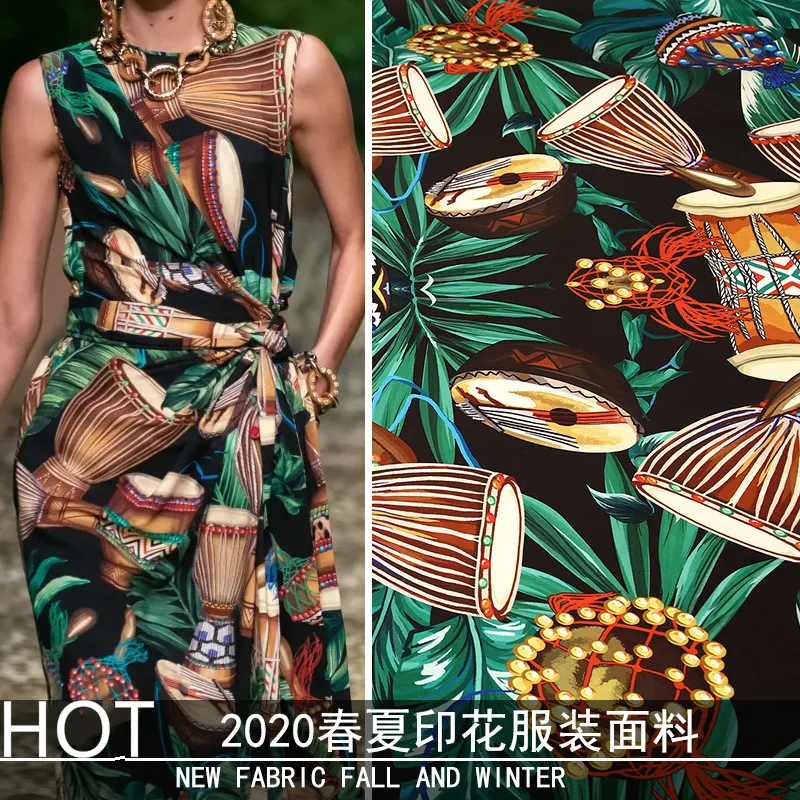 

2020 spring and summer show clothing digital printing ethnic drum instrument DIY cloth simulation silk stretch satin fabric