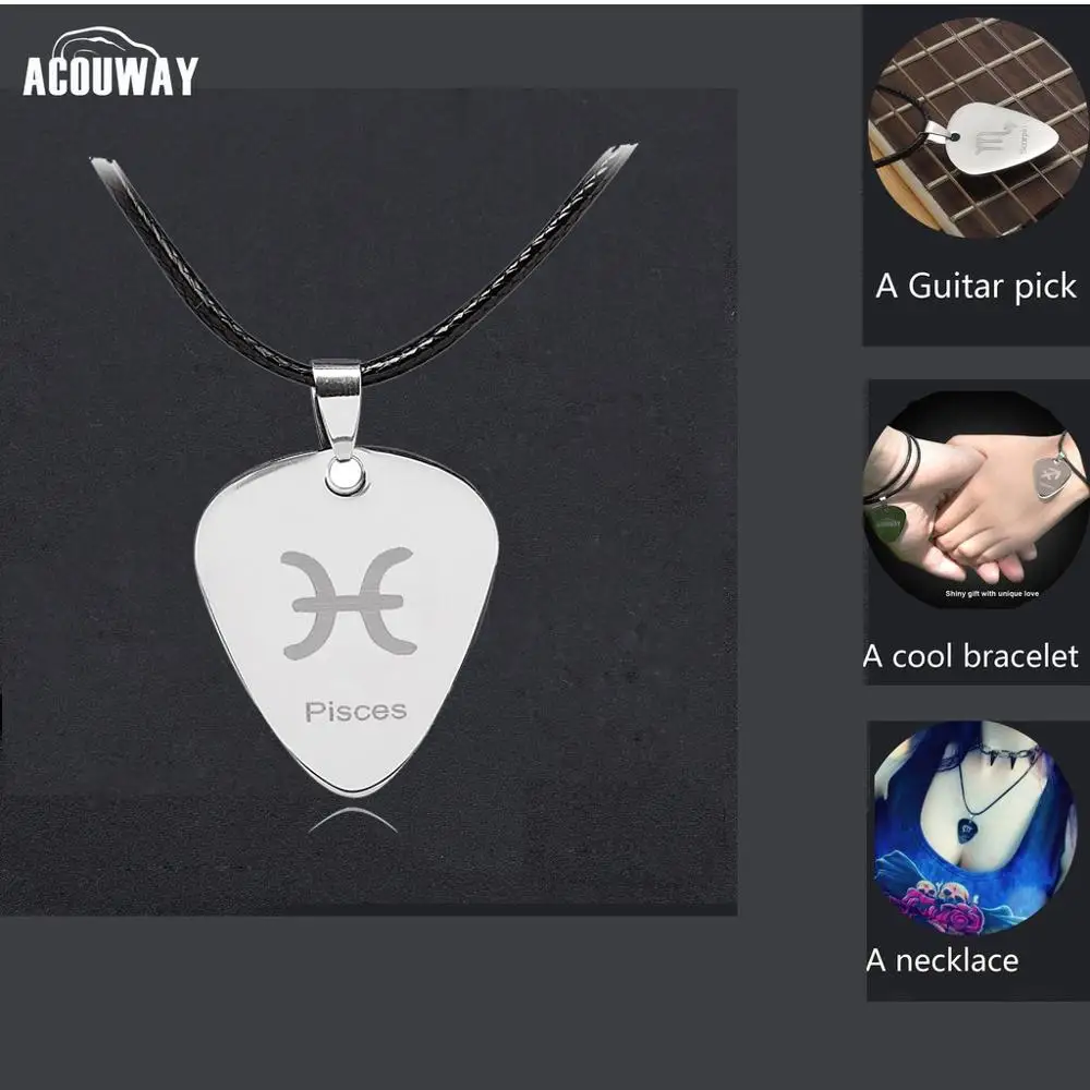 Acouwy Guitar Pick necklace Stainless Steel with black leather chain /pisces constellation zodiac necklace gift Guitar Parts twelve constellation 3d image pendant necklace constellation card clavicle chain new necklace 2021 fashion