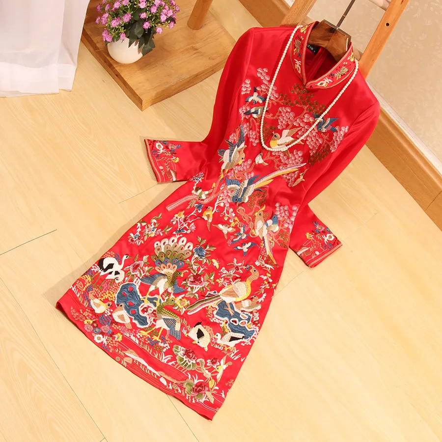 Новое осеннее платье китайский стиль ретро воротник-стойка с вышивкой cheongsam Тонкий Свадебный плюс размер вечернее платье S-3XL