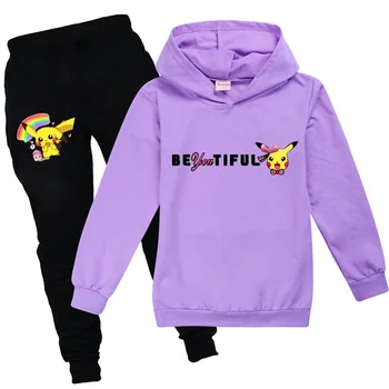 

2020 Fashion Autumn Teenage Girls Clothing 12 14 Years Children Pikachu Print Hoodie+Pants Kids Pokemon Clothes Sets Halloween
