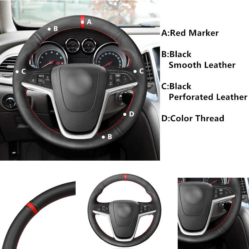 CAR STEERING WHEEL COVER PERFORATED & SMOOTH LEATHER BLACK STITCHING 