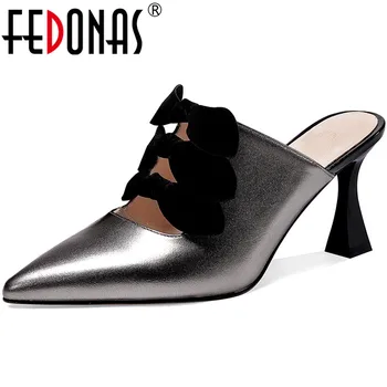 

FEDONAS Sweet Butterfly Knot Cool Mules Wedding Basic High Heels Pumps Genuine Leather 2020 Spring Summer Newest Shoes Woman