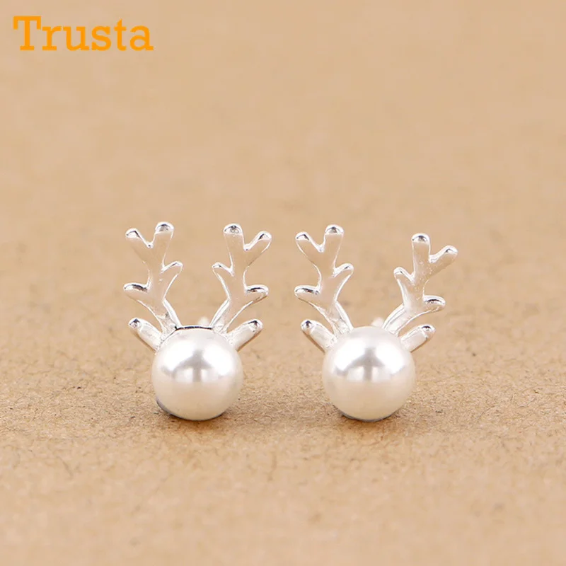 Trusta, новинка, 925 пробы, твердые серебряные ювелирные изделия, женская мода, крошечные жемчужные рога, серьги-гвоздики, подарок на день рождения для девочек, DS363