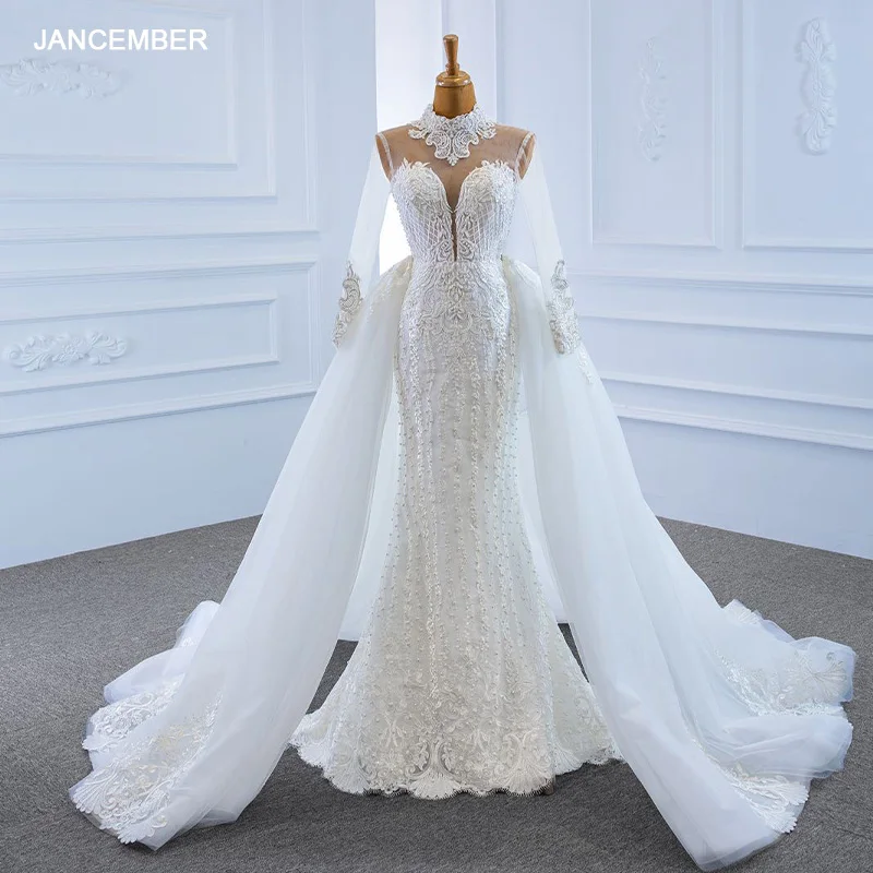 RSM67180 White V-neck Transparent Lace Wedding Bridal Gown 2021 Long Sleeve Applique Print Back Lace Up Banquet Wedding Dress 1