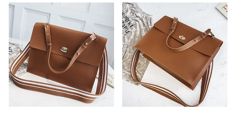 2019 Woman Briefcase Bag Leather Handbags Ladies Vintage PU Shoulder Bag Crossbody Satchels Office Document Bag Wide strap Purse (8)