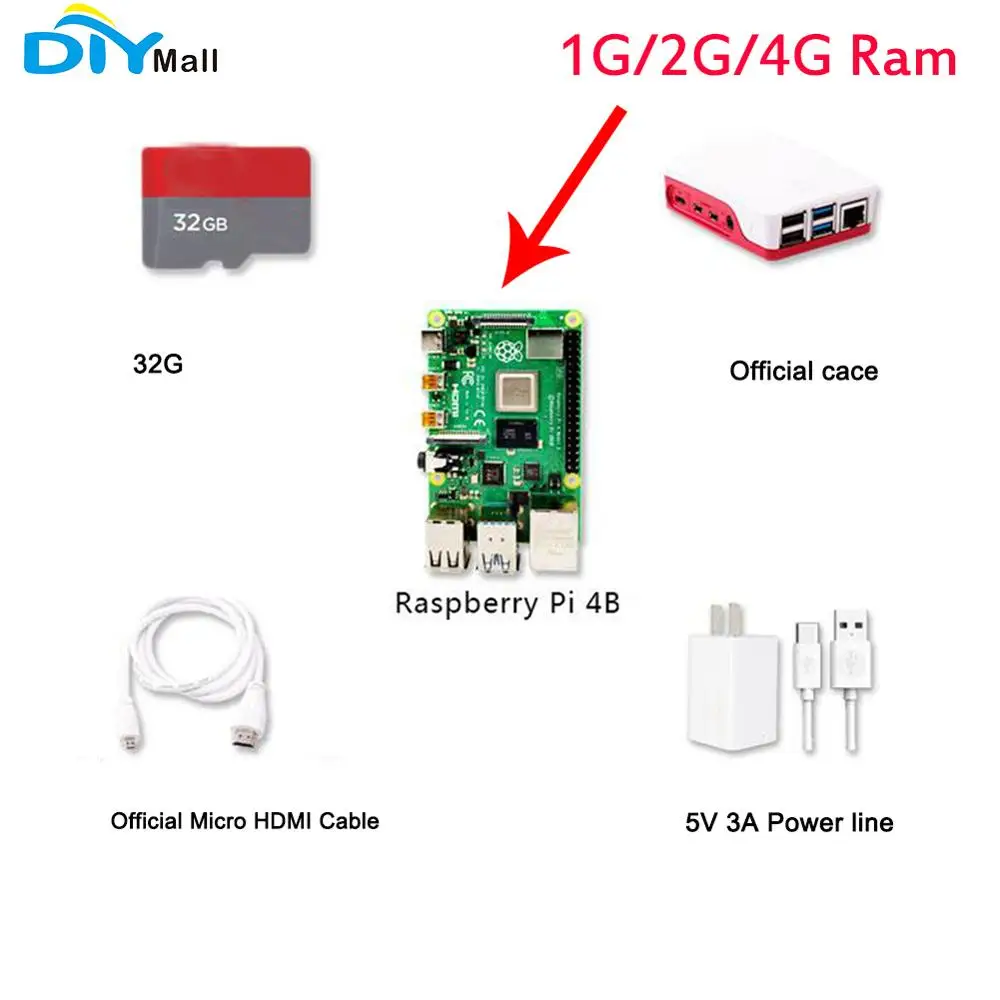Предпродажа DIYmall 2019 Новый Raspberry Pi 4 Модель B комплект 1 Гб 2 ГБ ОЗУ 5 ГГц 64 бит