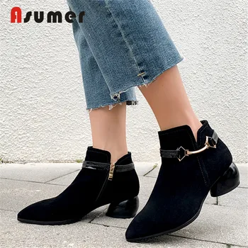 

ASUMER 2020 New brand women boots genuine leather shoes zipper sqaure heel black ankle boots female office dress shoes