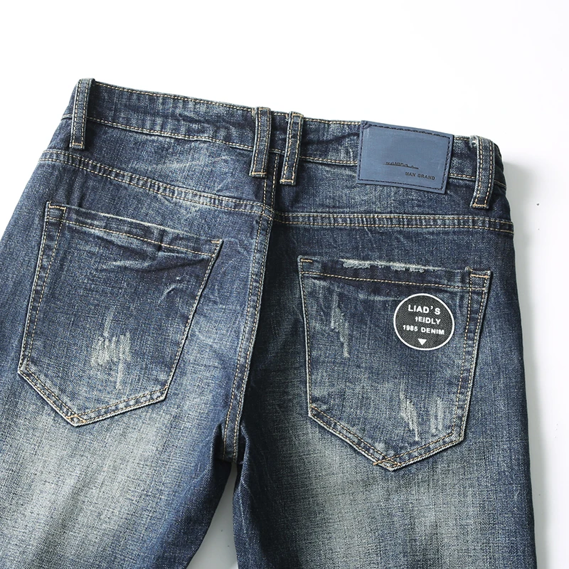 Высокое качество, Лидер продаж, модные брендовые мужские джинсы, прямые осенние, ретро синие джинсы с карманами, мужские рваные джинсы высокого качества
