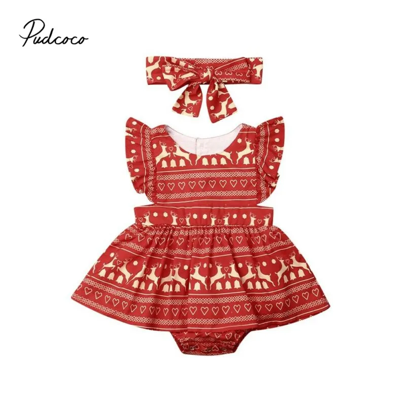 Pudcoco/Боди для новорожденных девочек; рождественские костюмы с оборками и короткими рукавами; комбинезон; цельная повязка на голову; одежда