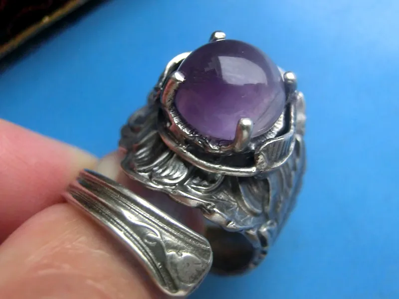 Western jewelry 】 925 sterling silver sycee leaves flowers violet gem mouth ring