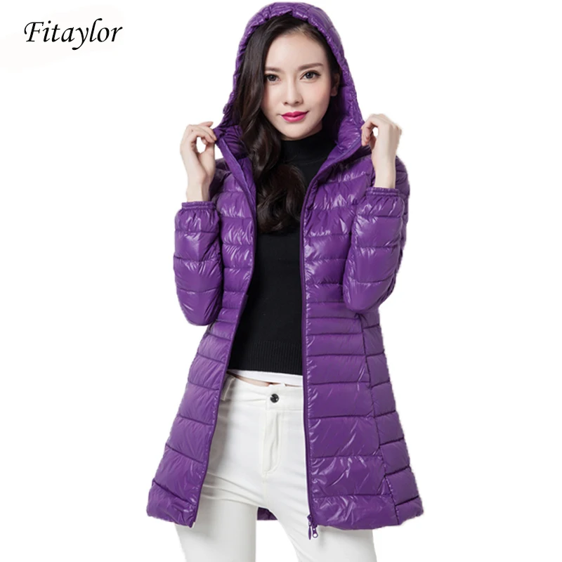 Fitaylor, зимняя женская куртка, пальто, тонкий ультра светильник, 90% белый утиный пух, парка средней длины размера плюс, 6xl, толстое пальто с капюшоном