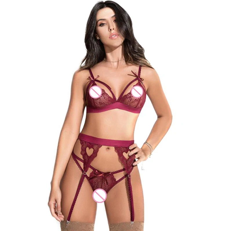 Wine red Комплект из 3 предметов с бюстгальтером, сексуальное горячее эротическое порно белье Комплект с трусиками танга, кружевной прозрачный бюстгальтер пуш-ап, женский бюстгальтер, трусики, комплект нижнего белья - Цвет: Wine red