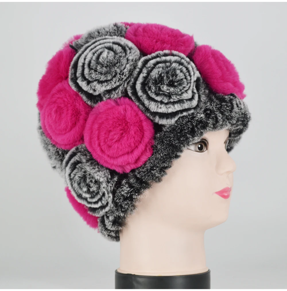 Winter Rex Rabbit Fur Hat Women Knitted Natural Rex Rabbit Fur Flowers Beanies Hats Warm Soft Real Rex Rabbit Fur Caps