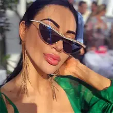 Кристалл кошачий глаз ретро солнцезащитные очки для женщин золотой черный металлический треугольник женские элегантные очки со стразами UV400 Свадебные Вечерние