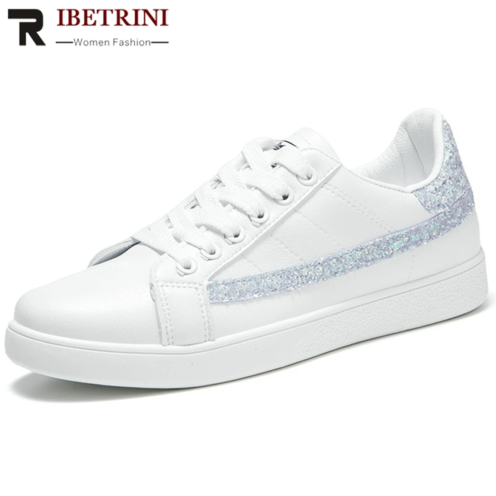 

RIBETRINI New Hot Sale Female Concise Shoes Woman Brand lace-up Patchwork Sneakers Women 2020 Daily Casual White Walk Sneakers