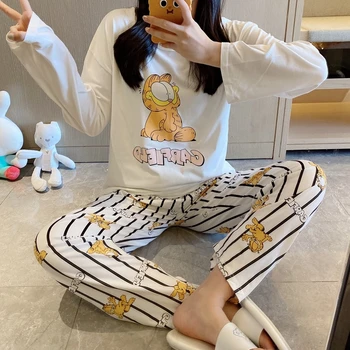 

Cartoon Printed Pajamas Striped Pyjamas Round Neck Women's Pijamas Sets Casual Homewear Soft Sweet Sleepwear Cute Nightwear