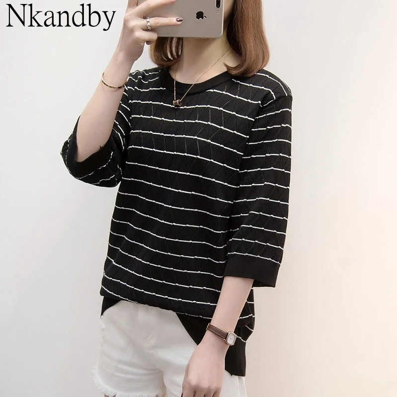 

Plus Size Hollow Out Knitted Tops Spring Summer Women Loose Stripe T-shirt Half Sleeve Knitwear Oversized Korean Elastic Tshirts