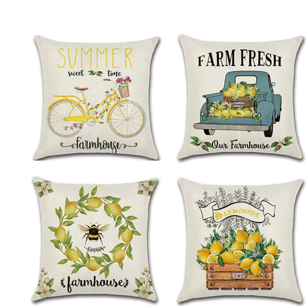 

New Summer Small Fresh Style Linen Cushion Cover Decorative Lemon Bicycle Flower Pillowcase 45*45cm