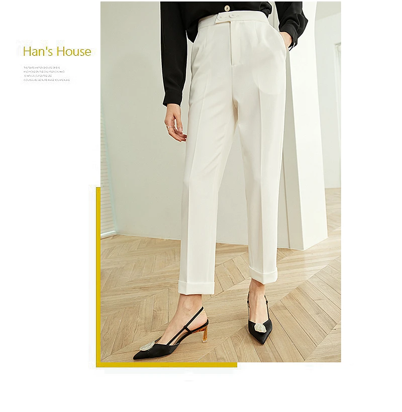 Прямые женские белые брюки с высокой талией и карманами, повседневные женские брюки, простой дизайн, винтажный стиль, Новая Осенняя мода