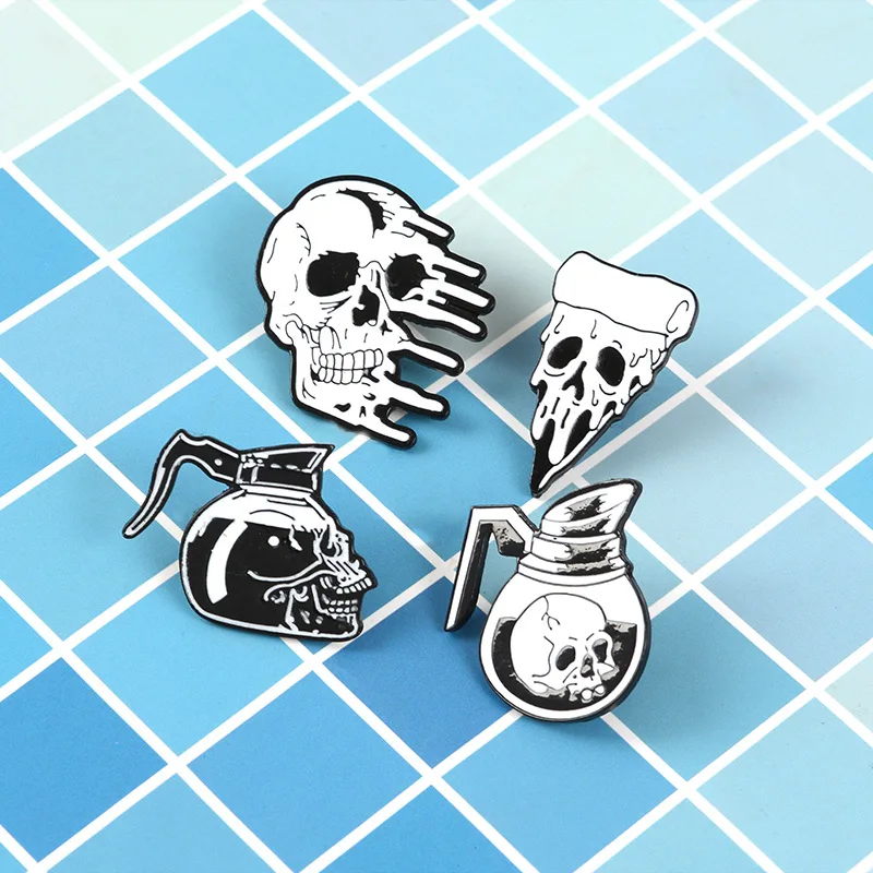 Joyería Qihe Cráneo Alfileres Café Flor Pizza Esqueleto Broches Solapa Pins Punk Oscuro Para Hombres Y Mujeres P | Украшения и