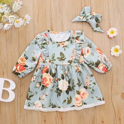 Robe à fleurs pour bébés filles, ensemble 2 pièces, jupe, bandeau, manches longues, vêtements printemps/automne, pour tout petits de 0 à 2 ans 