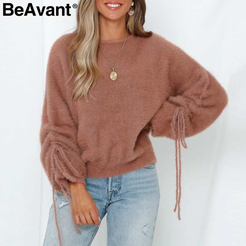 BeAvant O-neck soft mohair pullover sweater Women drawstring drop sleeve sweaters Casual streetwear knitted jumpers female tops | Женская