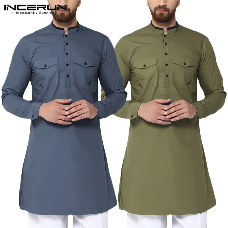 

INCERUN Men Button Muslim Clothes Arabic Solid Color Long Shirt Spring Casual Long Sleeve Top Army Green Stand Collar Robe S-5XL