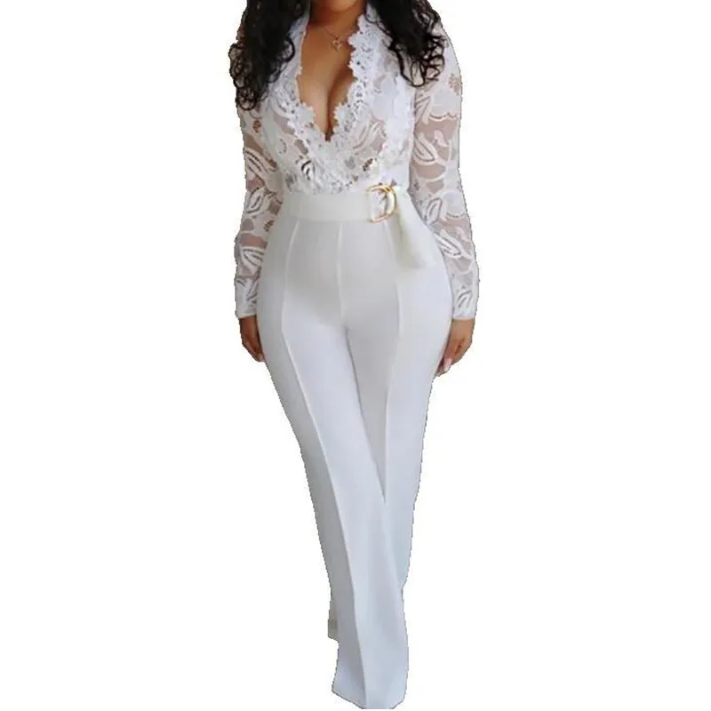 New Fashion Sexy Slim Lace White Long Sleeve Jumpsuit Women overalls for women