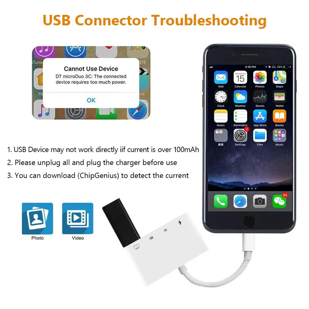 Кард-ридер SD, 4 в 1 Micro SD TF карта памяти Адаптер совместим с телефоном Lightning к USB камера ридер OTG кабель адаптер
