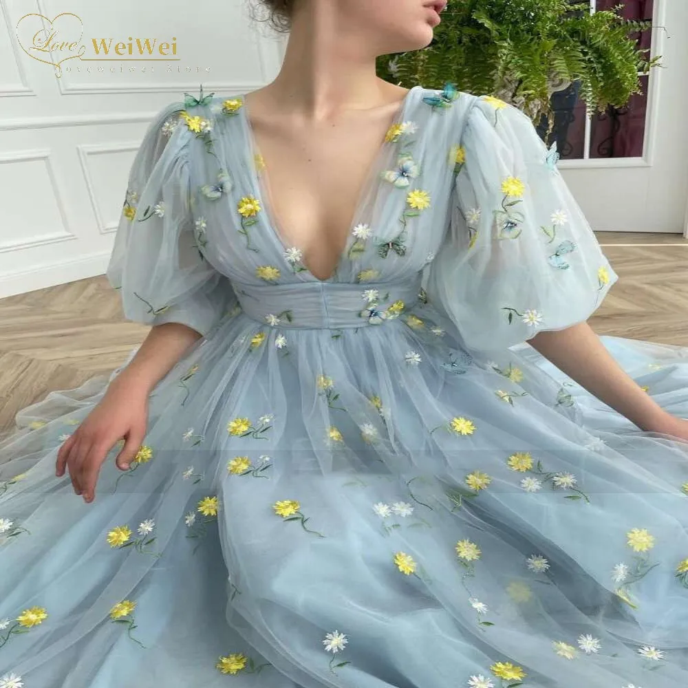 satin prom dress Sexy Sky Blue Tea Length Prom Dresses V-Neck  A-Line Half Puff Sleeves Flowers  Embroidery Women Formal Evening Gowns short formal dresses Prom Dresses