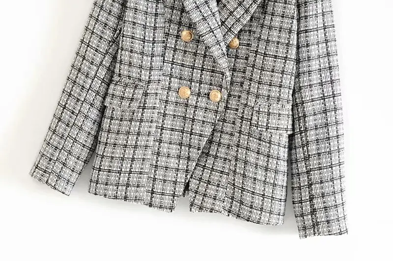 Маленький аромат плед с длинным рукавом лацканы Slim Fit Женское пальто Осень Корейская мода; Слим Женская куртка двубортная