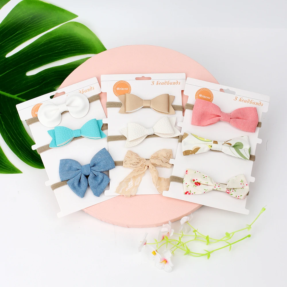 

CN 3 Pcs/set Baby Soft Nylon Headband Print Leather Bow Elastic Hairband Baby Girls Princess Party Gifts Hair Accessories