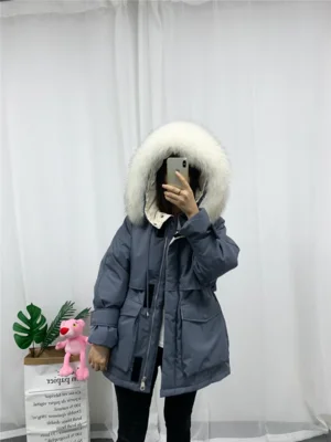 Gray-2 Korean Loose Down Jacket Female Mid Long Waist Big Fur Collar Thicken Down Coats Women Fashion Winter Hooded Jackets HS794 - Цвет: Gray-2