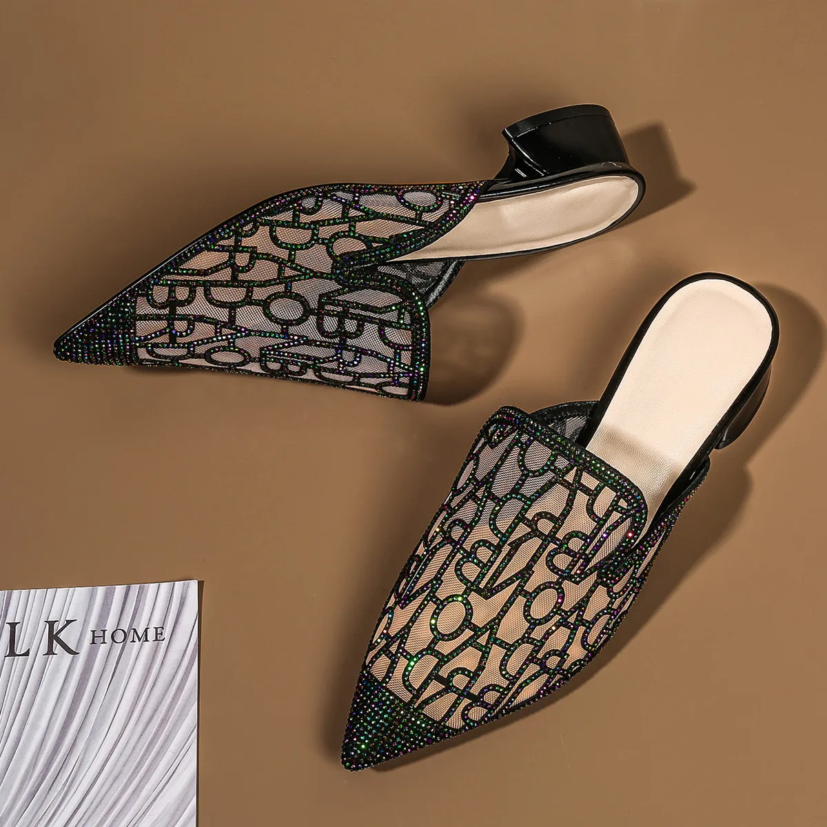 

Women's genuine suede leather mesh patchwork slip-on low heel slides high quality Rhinestone pointed toe summer sandals shoes