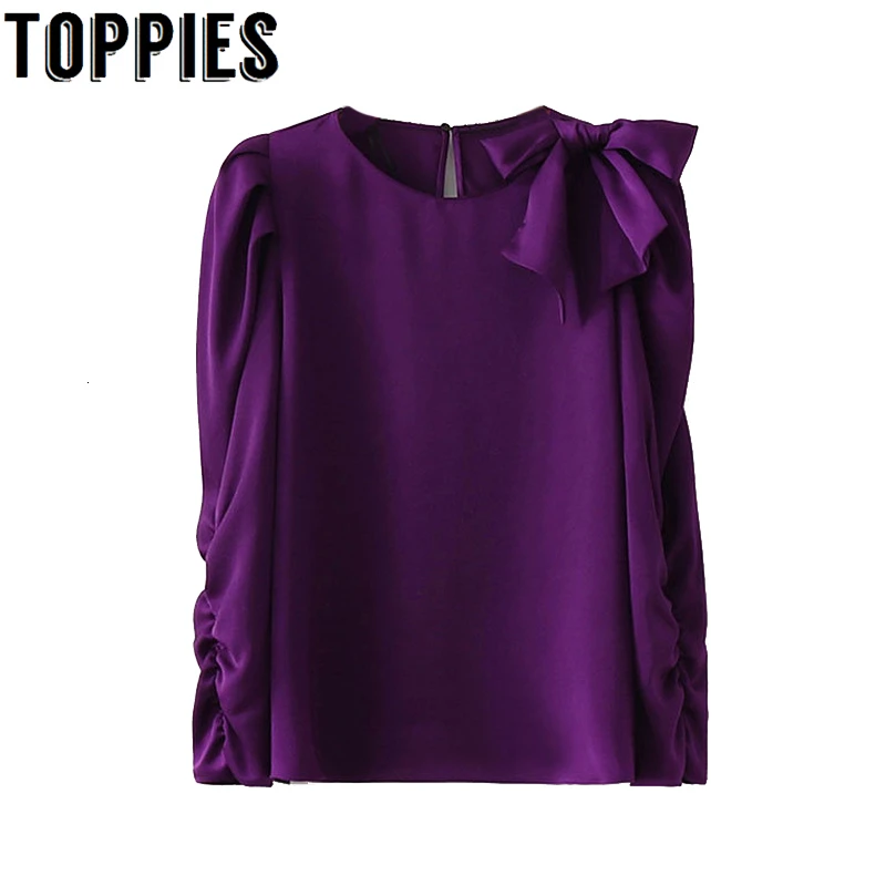 

2020 Women long sleeve purplue bow shirts elegant blouses tops women round neck blouses pleated sleeve