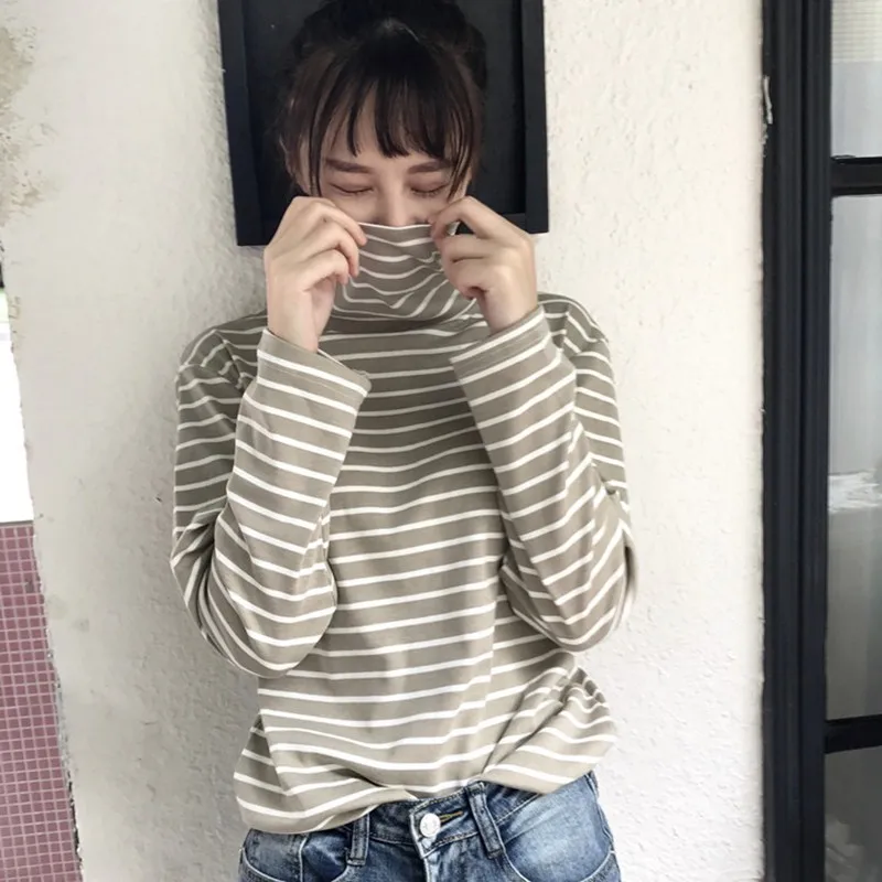 Женские футболки размера плюс, осень, новинка, корейский стиль, Harajuku, полосатая водолазка, футболка для женщин, длинный рукав, Женские повседневные топы