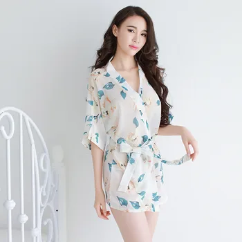 

Summer Women's Sexy Mini Kimono Robe Lady Rayon Bath Gown Female Nightgown Sleepwear Sleepshirts See through Pijama Mujer satin