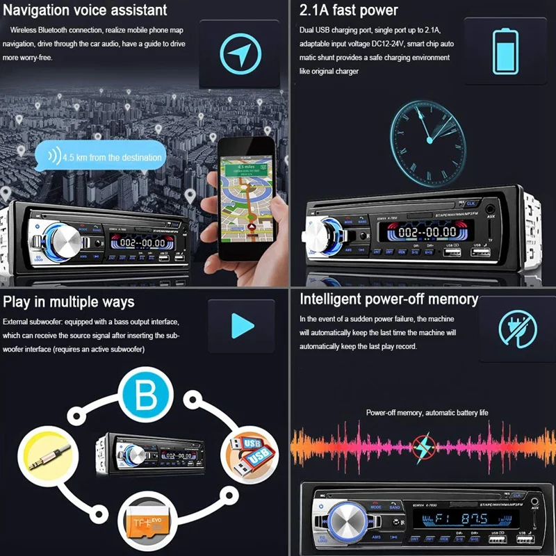 Автомобильный MP3-плеер, автомагнитола 1 DIN 2.1A, двойной USB, быстрая зарядка, Bluetooth, громкая связь, цифровой медиаплеер, 4X65 Вт, fm-радио, поддерживает IOS an