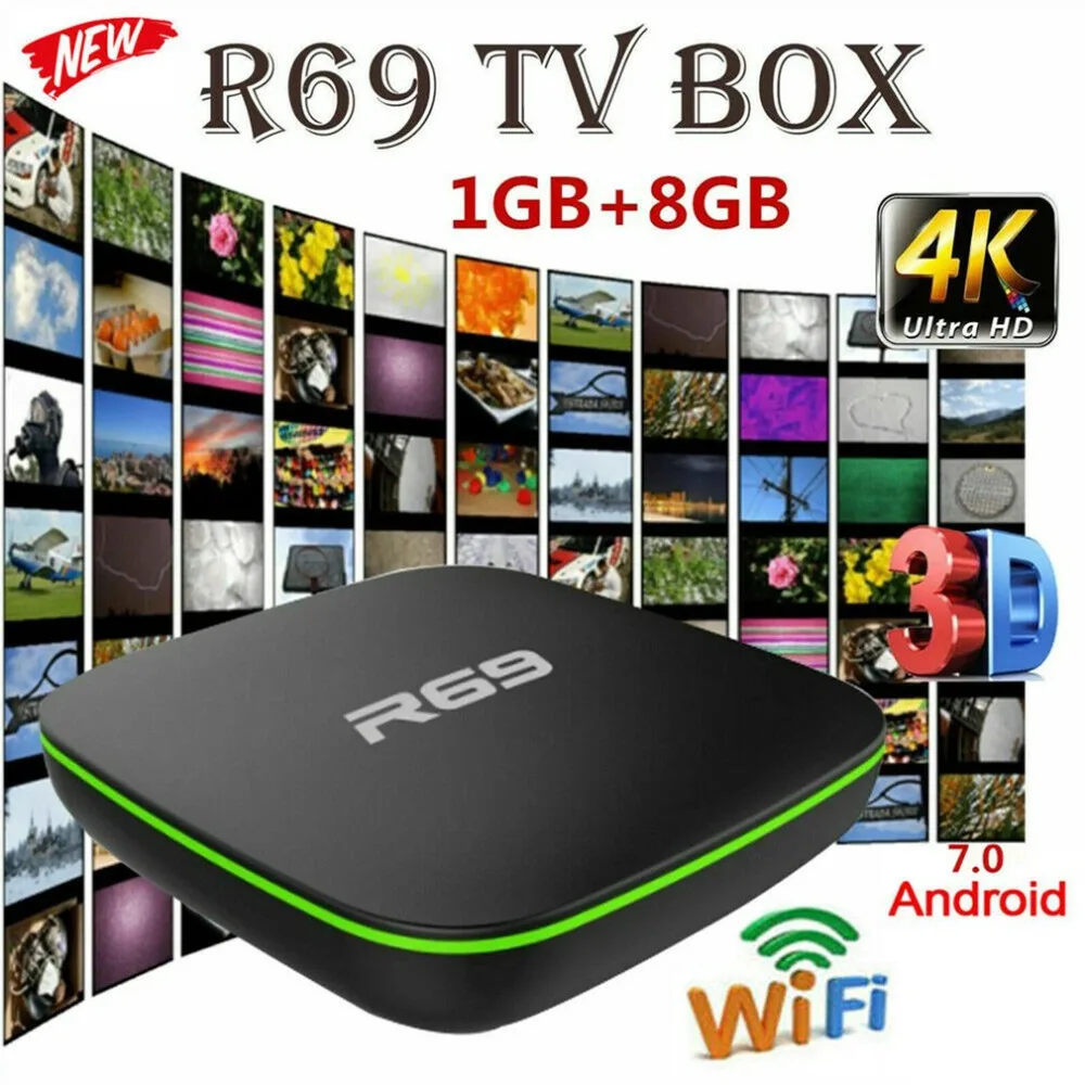 Горячая Распродажа R69 Android 7,1 Smart tv Box 1+ 8G четырехъядерный HD 2,4 GHz WiFi 4K медиаплеер 1080P HD Поддержка 3D фильма
