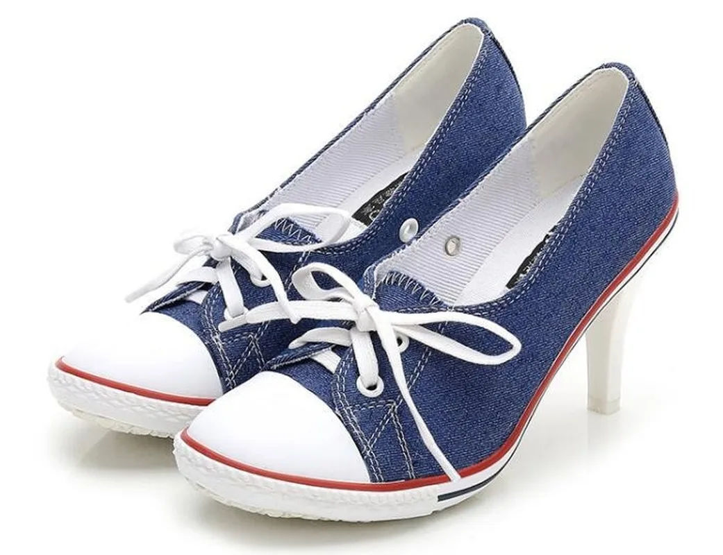 

2019 Canvas Pumps Woman Autumn Spring Women shoes High Heel 6-8CM Girl Canvas Sneakers Student Shoes Female size 34-41