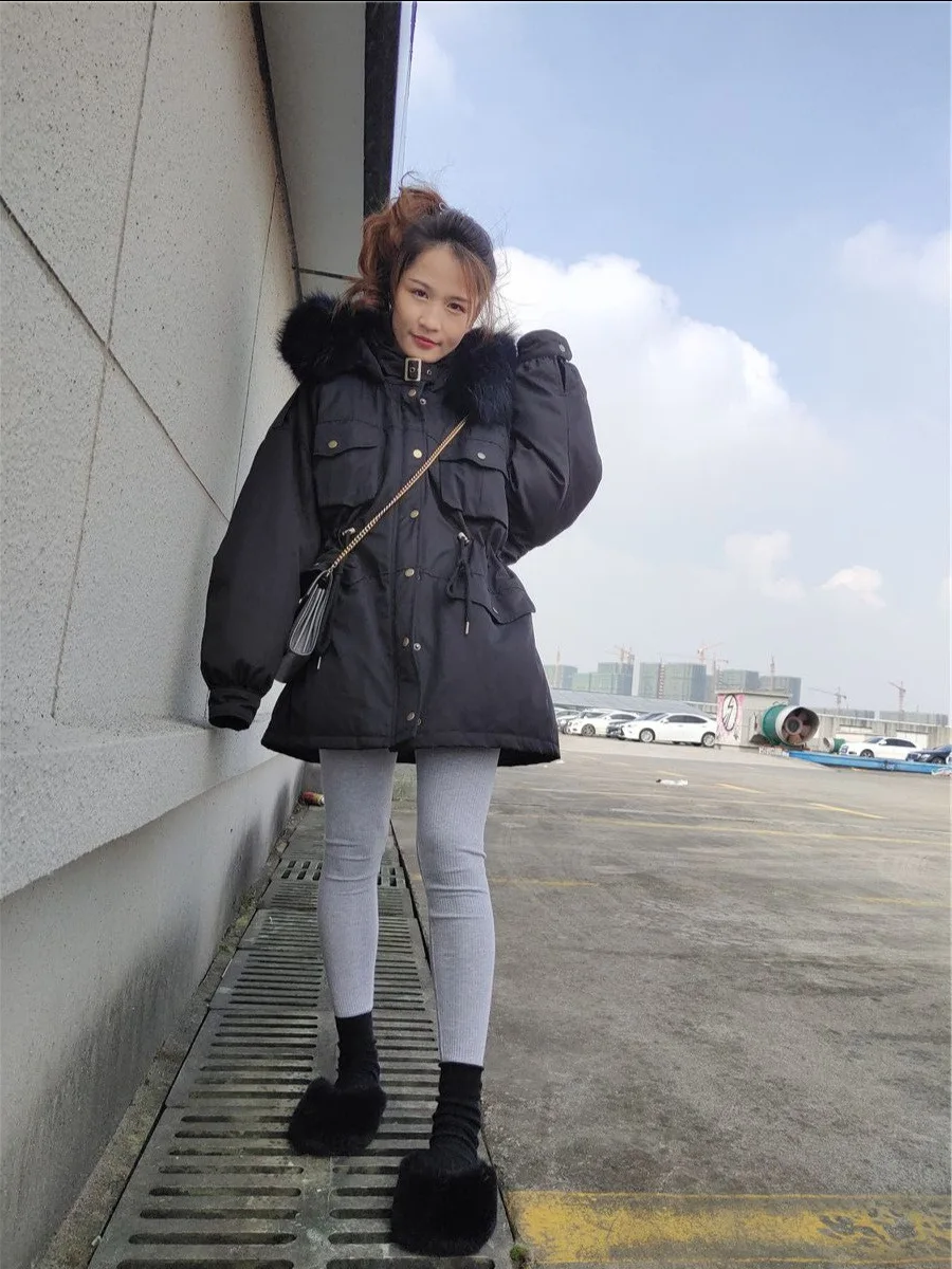Короткий пуховик женское платье Южная Корея Dongdaemun с капюшоном большой меховой воротник свободный крой шнурок толстое теплое пальто зима