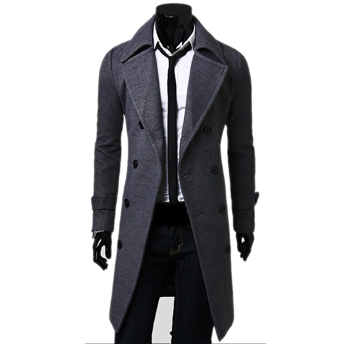 Длинный тонкий мужской шерстяной Тренч, двубортная ветровка с лацканами, мужское модное осенне-зимнее пальто, Длинный дизайнерский Тренч для мужчин - Цвет: gray