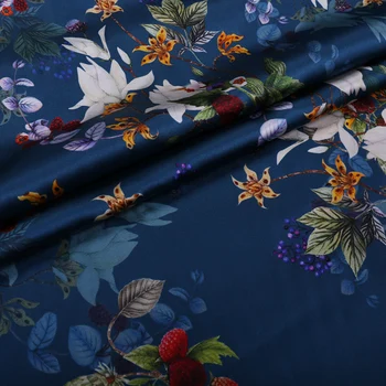 

50cmx138cm Dark Blue Flower Printing Stretch Satin Summer Dress Silk Fabric