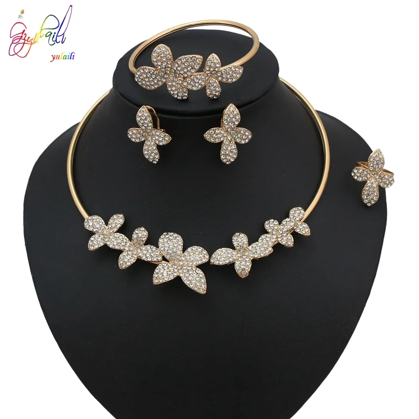 

Yulaili Top Quality Zinc Alloy Crystaly Charm Gold Choker Stud Earrings Ring Turkey African Wedding Bridal Jewelry Sets Gift Box